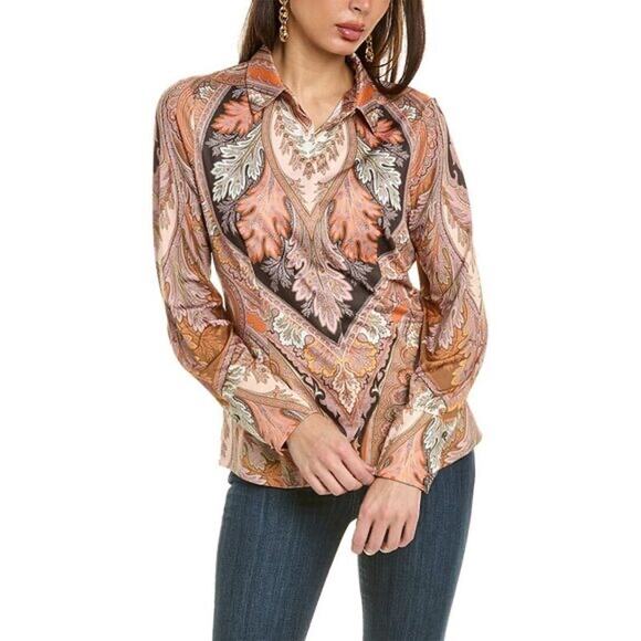 NWOT KOBI HALPERIN Blouse XL Coral Beige Paisley Button-Up Long-Sleeve”Lorraine”